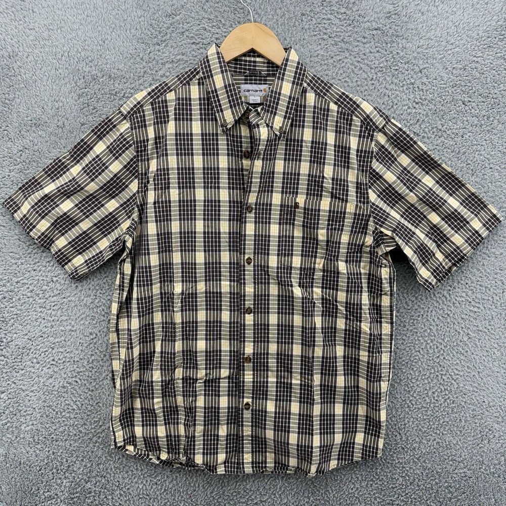 Carhartt Mens L Black Gold Plaid Relaxed Fit Button Up Short Sleeve Pocket Shirt
